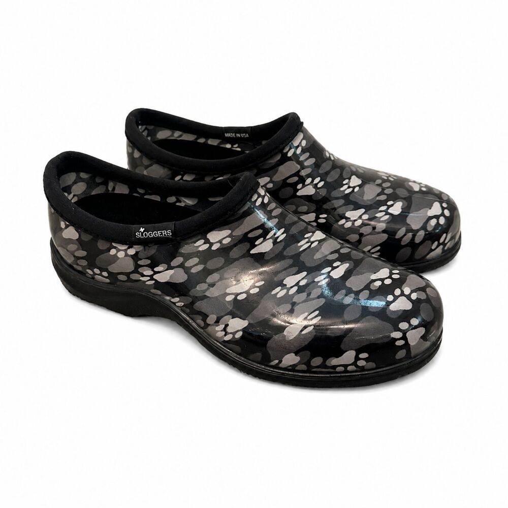 Sloggers Womens Waterproof Garden Shoes Paw Print Black Gray Clogs Size 8